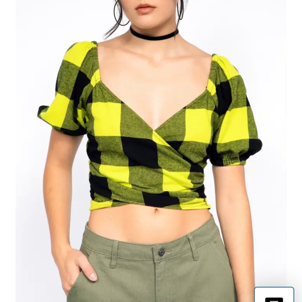 BP + WILDFANG Cropped Plaid Puff Sleeves Smocked Back Surplice Flannel Top